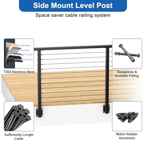 Image of 4-10ft Complete Set 36 inch Side Mount Level Railing Post Kit, 2 Pack Black Fascia Mount Level Drilled Post, 150ft 1 /8 inch Stainless Steel Cable(No Handrail), Swageless Cable Railing Kit, MY10-LP