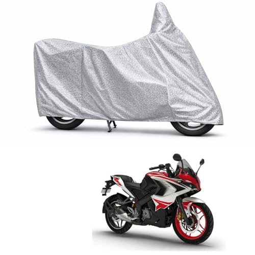 Image of 100% Waterproof Two Wheeler Body Cover Multi Layered Fabric Designed for Bajaj Pulsar RS400 | Belt Buckle Lock | Silver Mag