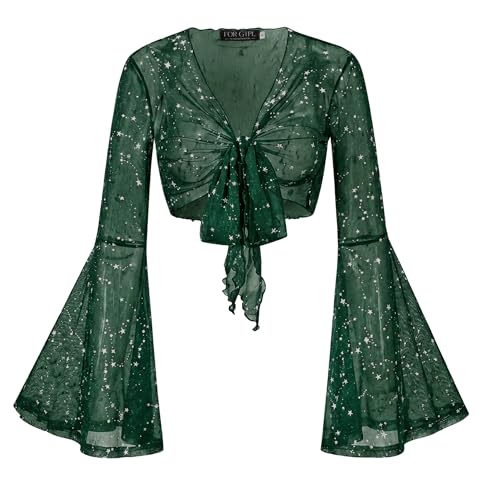 Image of Women Tie Front Bell Sleeve Rave Crop Tops Floral Print Hippie Mesh Sheer Shirt