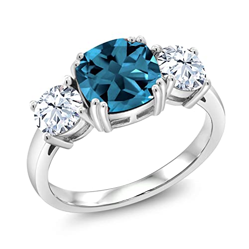 Gem Stone King 4.24 Cttw London Blue Topaz and White Zirconia 3 Stone Engagement Ring For Women | 925 Sterling Silver | Gemstone Birthstone | Cushion 8MM | Available in Size 5,6,7,8,9