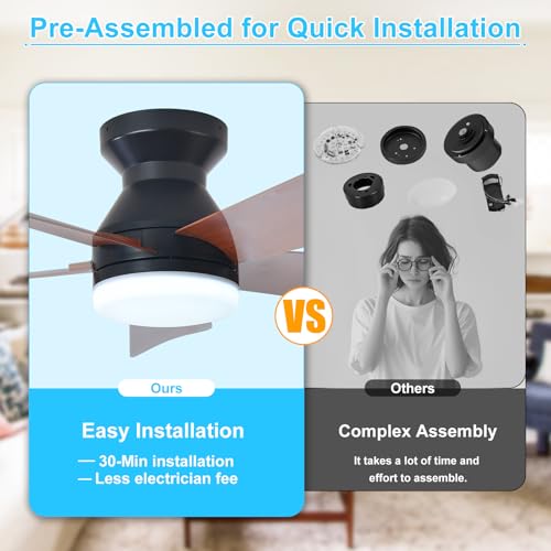 Image of Depuley Modern Ceiling Fan with Light: 25-Inch Black Small Fans for Bedroom Indoor Outdoor - Dimmable Low Profile Ceiling Fans with Remote Control Flush Mount 5 Reversible Walnut Blades 6 Speeds Timer