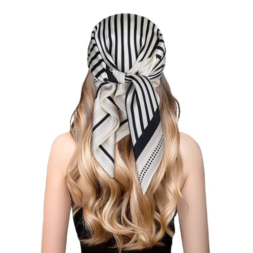 EXTREE 100% Pure Mulberry Silk Scarf Fashion Hair for Women Scarf Lightweight Square Neckerchief 27.5× 27.5 inches Sparse Hedge Black and White