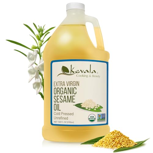 Kevala Organic Extra Virgin Sesame Oil – Cold Pressed, Unrefined & Non-GMO Cooking Oil for Salad, Frying, Baking, and Skin or Hair Use – Gluten Free & Kosher Certified | 128 Oz