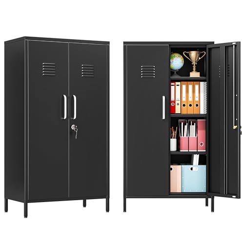 PAOFIN 47' Metal Storage Locker, Lockable Employees Metal Locker with 2 Door and Adjustable Shelves, Steel Locker for Home, School, Office, Gym (Black)