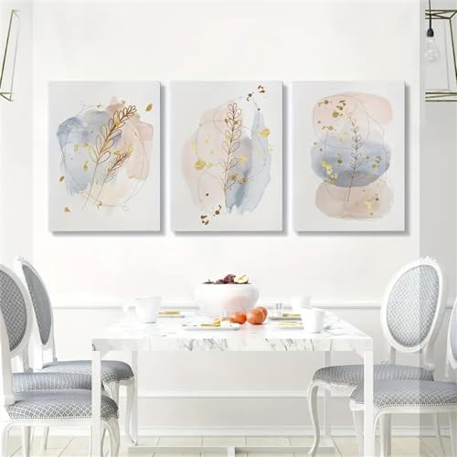3 Images Set-Toiles Imprimées D'Art Abstrait Fond Marbré Bleu Rose Moderne Motifs de Feuilles de Plantes Dorées Dessinés à la Main Parfait la Décoration...