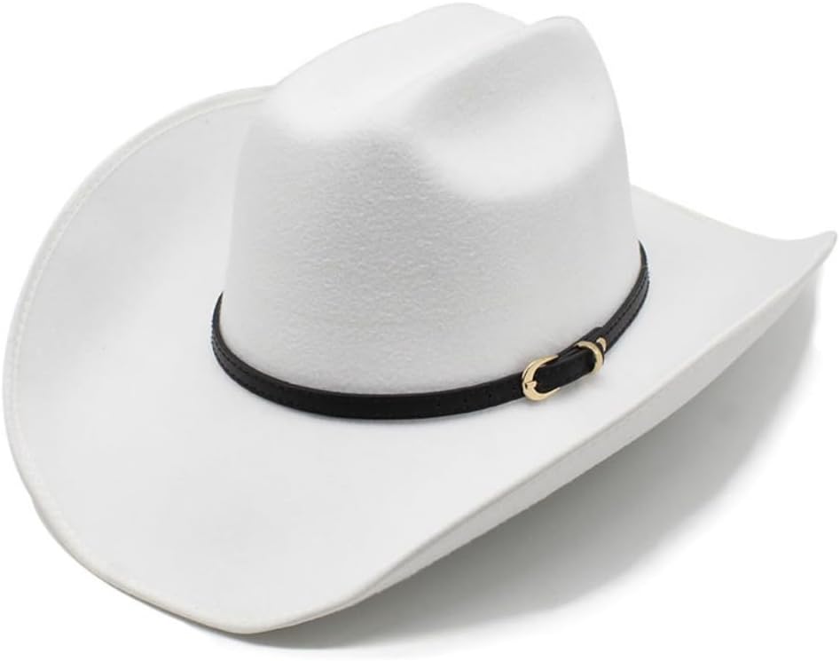 Western Wool Felt Cowboy Hat, White, 2-inch Brim, 5-inch Crown, Leather Band
