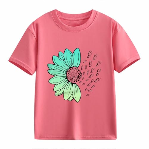 Girls Loose Fit Sunflower Graphic T Shirts Short Sleeve Crewneck Cute Pattern Printed Tops Kids (I-Pink, 12-13 Years)2