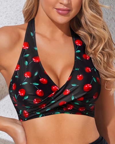 Image of Holipick Women Halter Bikini Tops - Push Up Bathing Suit Top V Neck Full Coverage Swimsuit Top Only
