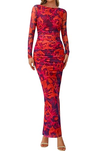 Image of PRETTYGARDEN Women's Long Sleeve Bodycon Dresses 2026 Spring Sexy Floral Mesh Slit Ruched Tight Maxi Wedding Guest Dress
