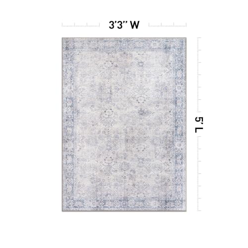 Rugshop Ocean/Blue Transitional Vintage Bordered Area Rug — Machine Washable, 3'3"x5 for Living Room, Bedroom and Home Office