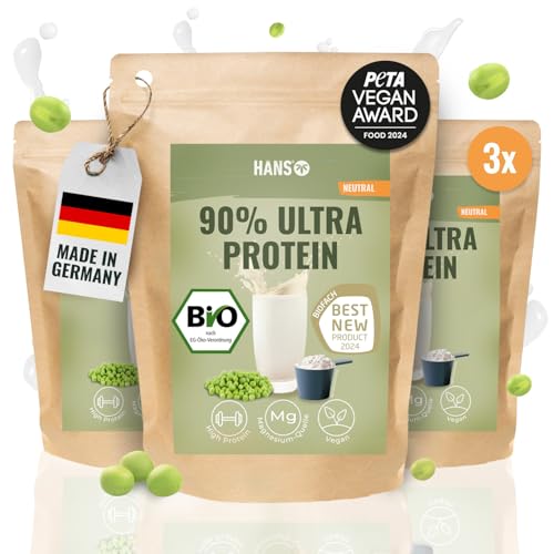 HANS Brainfood 90% Bio ULTRA fermentiertes Erbsenprotein Pulver cremig 1kg neutral - Veganes Proteinpulver cremig Mit Optimalem Aminosäurenprofil & Gut löslich - Bio Protein Pulver (3000g)