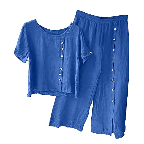 Buy Again My Orders 2023 Summer Outfits For Women Cotton Linen Long Sleeve Blouse And Pants Set Plus Size Solid Color Lounge Pajamas Shorts Sets Two Piece Linen Sets #TOP18