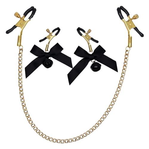 Nipple Clamp Body Chain Necklace for Women Men Gold/Silver Color,Adjustable Stainless Steel Faux Body Piercing Non-Piercing Body Clip Jewelry,Fake Nipple Bow Rings(Gold clip and bow) FDH-E