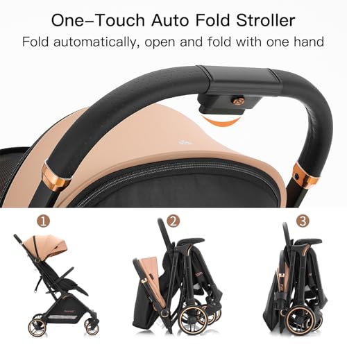 Image of Gromast Gravity Folding Baby Stroller - Portable Travel Toddler Stroller w /Adjustable Backrest, Canopy & Cup Holder, Lightweight and UV Protected, One-Hand Automatic Folding - Khaki