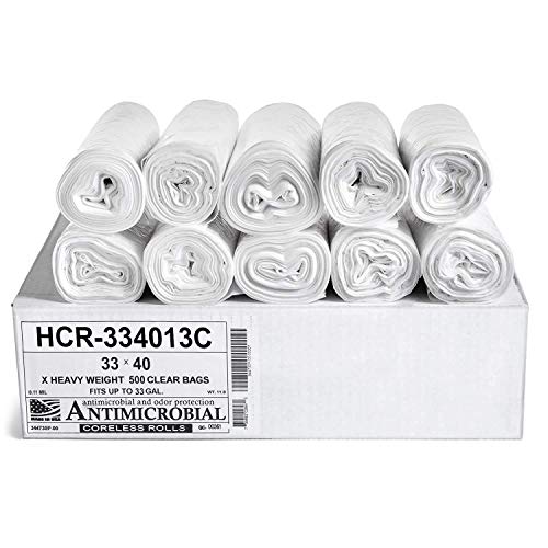 Aluf Plastics High Density Trash Bags 33 Gallon 500 Count 13 Micron (eq) 33 x 40 Clear for Bathroom Office Industrial Commercial Janitorial Municipal Recycling