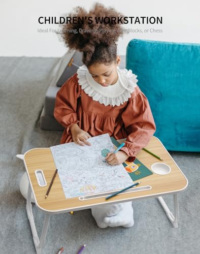 ZEAPTAC Laptop Bed Desk, Foldable Lap Table, Portable Study Table, Laptop Stand with Cup Holder & Tablet Slot & Lifting Handle for Working Writing Drawing & Eating - Wood