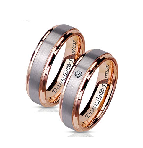 Personalized Brushed Silver & Rose Gold Tungsten Ring Set Custom Engraved Free In Any Language - Couple's Ring Set - Wedding Band Set - Ships from USA