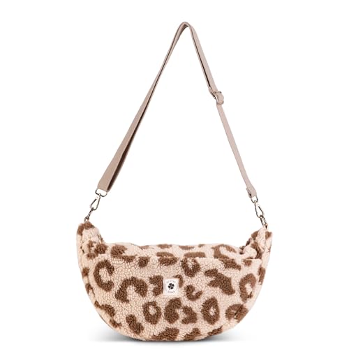 Grünes Glück Teddy Moon Bag Damen mit Innen & Außentasche | Perfekt als Crossbody Bag mit verstellbarem Gurt | Teddy Tasche Damen auch als Kinderwagen Organizer geeignet | Farben Taupe & Leo