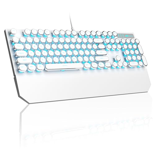 Image of MageGee Typewriter Mechanical Gaming Keyboard, Retro Punk Round Keycap LED Backlit USB Wired Keyboards for Game and Office, for Windows Laptop PC Mac - Blue Switches /White