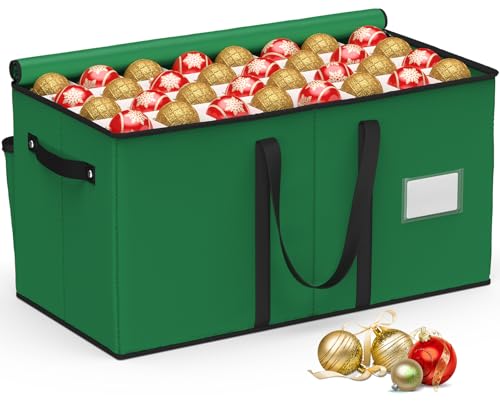 Keten Christmas Ornament Storage, Ornament Storage Box Fits 128 Holiday Ornaments 3-Inch,with Adjustable Dividers & Pockets, Dual Zipper Closure, 600D Tear-Proof Fabric (Green)