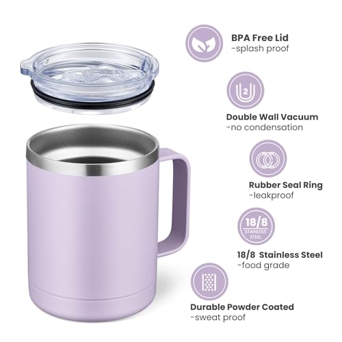 Image of MEWAY 12oz Coffee Mug With Handle and Sliding Lid,Stainless Steel Travel Tumbler Cup with Handle,Double Wall Vacuum Insulated Camping Cup for Hot & Cold Drinks Tea (Lilac,Set of 1)