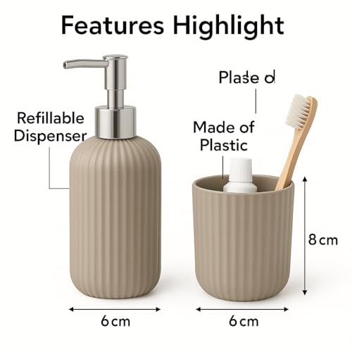 Image of LAGET Bathroom Accessories Set for Utility and Toothbrush Holder Bathroom Decor | Handwash Liquid Soap Dispenser Pump for Bathroom, Kitchen, Wash Basin, Sink Ribbed Design (Grey)