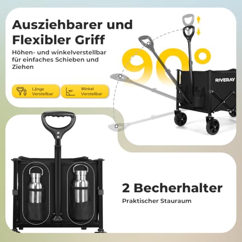 RIVERAY Bollerwagen faltbar 120L, Bollerwagen All Terrain Rädern 100KG Tragfähigkeit mit Verstellbarem Griff, Rollen Zerlegbar, Faltbarer Handwagen für Outdoor, Camping, Garten, Einkauf