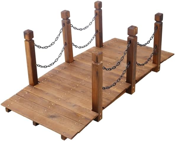 5FT Wooden Garden Bridge Arch, Decorative Arc Footbridge with Double Safety Railings Outdoor Lawn Pond Bridge Walkway for Backyard Creek, Stream, Fish Pond, Brown