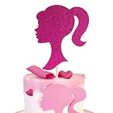 ALISSAR Glitter Hot Pink Girl Cake Topper Set-Glitter Doll Head Cake Toppers for Girls Women's Birthday Party Decorations