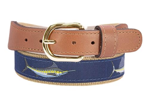 ZEP-PRO Billfish Slam Men's Woven Ribbon Belt – Navy Game Fish Ribbon With Tan Full Grain Leather Tabs – 1.25