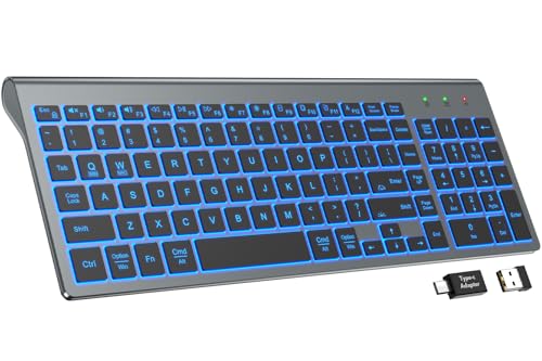 SABLUTE Wireless Keyboard with 7 Colored Backlits, Rechargeable Silent Compact Cordless Computer Keyboard with Low Profile Quiet Light Up Keys for Windows, PC, Linux, Chrome, Mac (Grey)