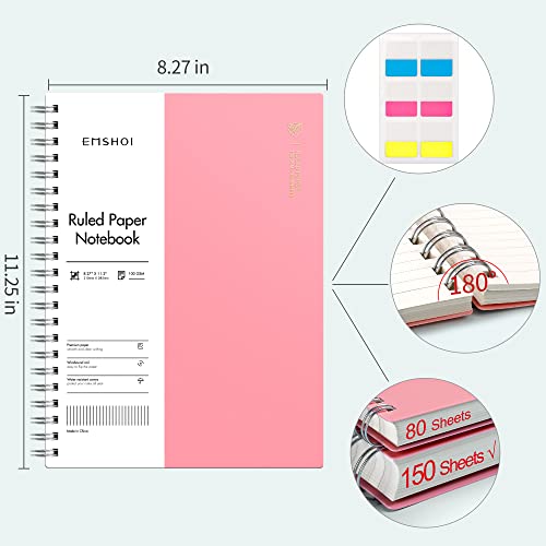 Emshoi A4 Spiral Notebook College Ruled Lined Journal, 11.2" X 8.27", 300 Pages, 100Gsm Thick Paper, Waterproof Softcover, Twin-Wire Binding, Sticky Notes, Pink #TOP1