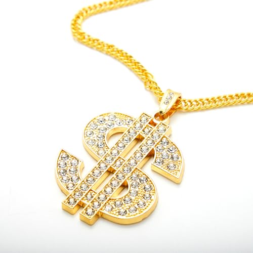 Spooktacular Creations 2 pcs Gold Dollar Chains Necklaces, Money Pendant Chain Hip Hop Dollar Sign Necklace Jewelry Halloween Accessory for Men Women Dress Up Party2
