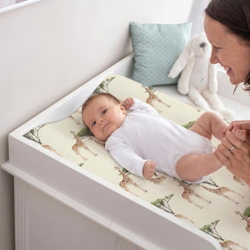 Image of BROLEX Changing Pad Covers for Baby: Boy Girls Ultra Stretchy Soft 2 Pack, Giraffe Foliage