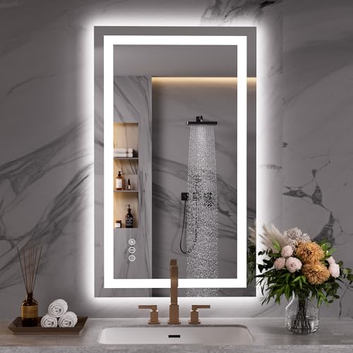 Image of WEER Bathroom Mirror With LED Lights, 50x70cm Wall Mounted Vanity Mirror, 3 Colours Dimmable, Illuminated Backlit Demister Pad, HD Tempered Glass IP44, Vertical or Horizontal