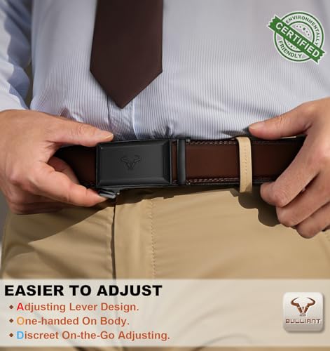 Image of BULLIANT Men Ratchet Belt 2 Pack, Click Sliding Leather Belt Adjustable for Gift Men Dress Casual Jeans 1 3 /8,Cut for Fit