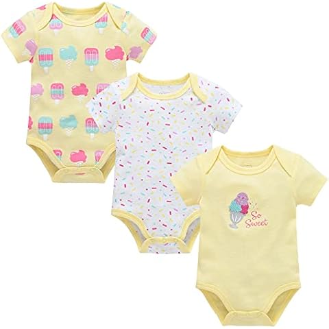 Baby Girls Bodysuits 3-Pack Rompers Short Sleeve Summer Cotton Onesies, Ice Cream 0-3 Months Cover