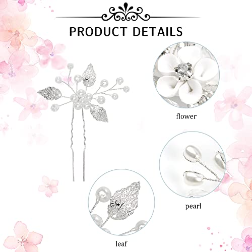 4 Piece Wedding Bridal Flower Hair Clip Metal Leaf Rhinestone Pearl Flower Wedding Hair Accessories for Women Girls (white) - Image 3
