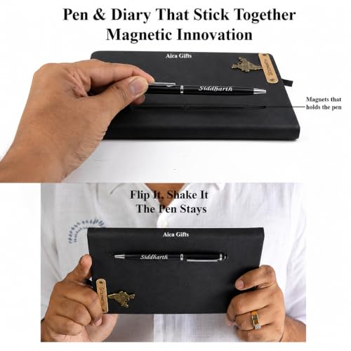 Image of AICA Personalized Name & Charm Magnetic Stick Leather (Black) Diary & Roller Pen |Customized Corporate Gift for Staff Employees |Diwali Gifts for Family and Friends|Diary for Men, Boys| Gifts For Mens