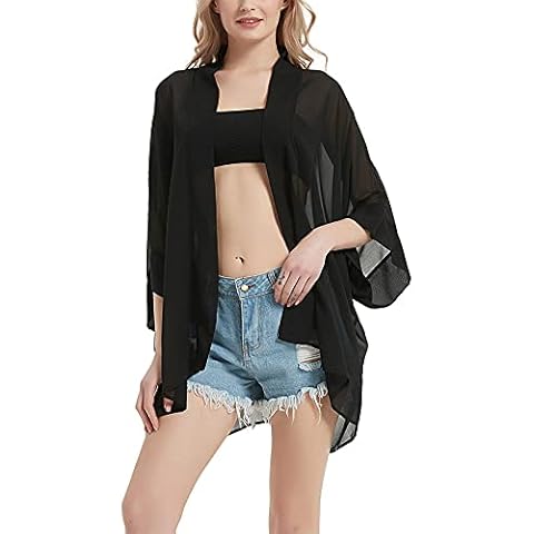 Women's Boho Floral Print Kimono Bikini Cover Up Sheer Chiffon Loose Cardigan Blouse Wrap Black Cover
