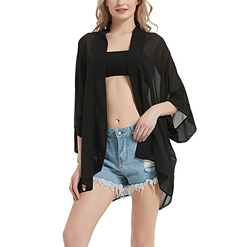 CuteSwan Kimono para mujer, estilo bohemio, con estampado floral, para cubrir el bikini, de gasa, suelto, blusa, Negro, talla única