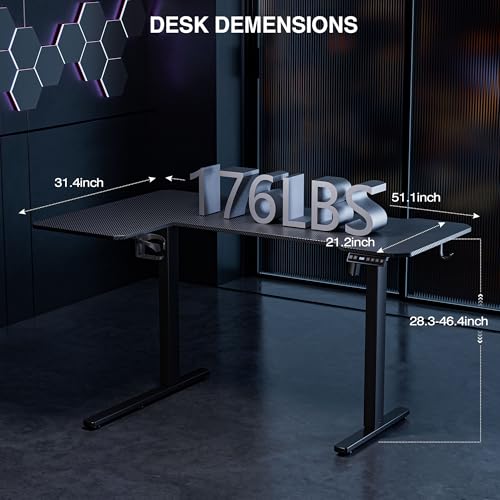 Image of Acrolix L Shaped Electric Standing Desk - 51x31.5 Inch Reversible Corner Sit Stand Desk with Hook&Cup Holder,Electric Height Adjustable Table,for Small Home Office&Bedroom Computer Desk, Black Carbon