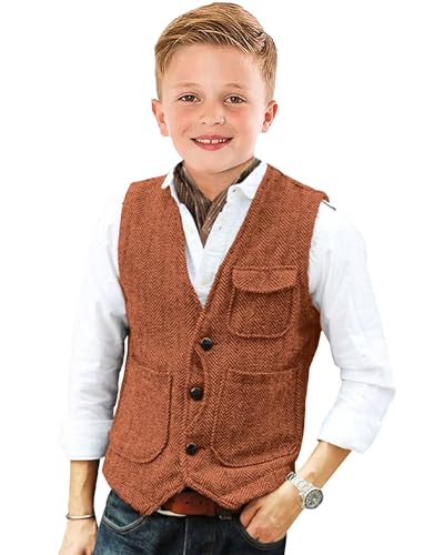 Image of Retro Boys Tweed Vest for Kids Formal Dress Herringbone Suit Vest for Toddler Boy Wedding Waistcoat