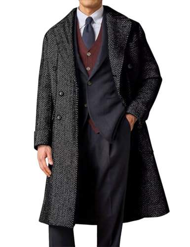 Image of TIJOFA Mens Herringbone Tweed Black Slim Fit Notched Collar Double Breasted Classic Business Pea Top Coat Wool Blend Overcoat Size XS