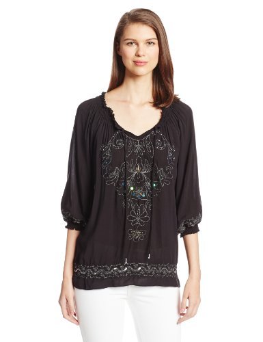 NY Collection Women's 3/4 Sleeve Peasant Blouse with Smocked Neck and Embroidery