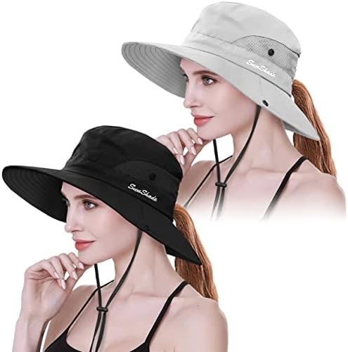 IYEBRAO 2 Pack Womens Ponytail Sun Hat UV Protection Bucket Hats Foldable Wide Brim Summer Boonie Beach Cap Fishing Hiking(Black & Pure Beige)