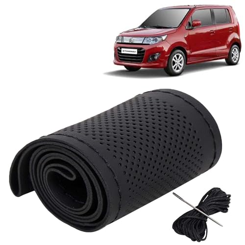 Image of KINGSWAY PU Leatherite Car Steering Cover Sewable Compatible with Maruti Suzuki Wagon R Stingray (Year 2014-2018), Black Color with Black Thread, Pack of 1 with Sewing Needle and Thread