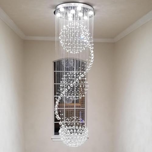 Lámpara de techo larga de cristal K9 para escaleras, moderna lámpara LED para techos altos, base de acero inoxidable, altura ajustable, ideal para villas, vestíbulos, hoteles y entradas. Medidas: 60