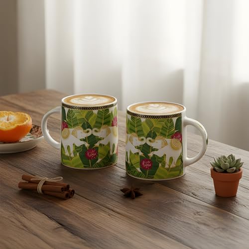 Image of Miah Neelmayur Royale Floral Ceramic Cup Set - Set of 2 | 10.16 cm x 6.85 cm x 8.89 cm | Handcrafted Coffee & Tea Mugs | Microwave & Dishwasher Safe | Vibrant Garden-Inspired Design