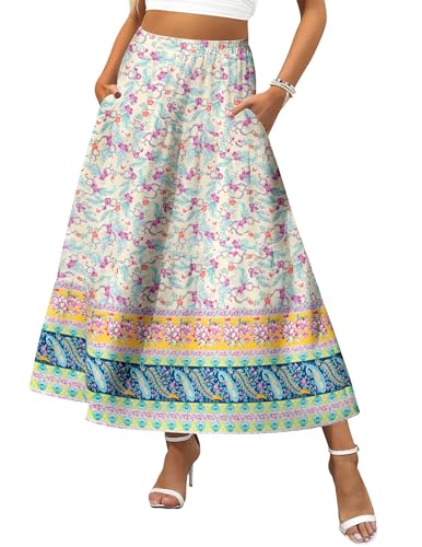 Zeagoo Womens Summer Boho Skirts Long Symmetric Tiered Skirt High Waisted Casual Long Skirts with Pockets 2025 Fashion Trendy Skirt